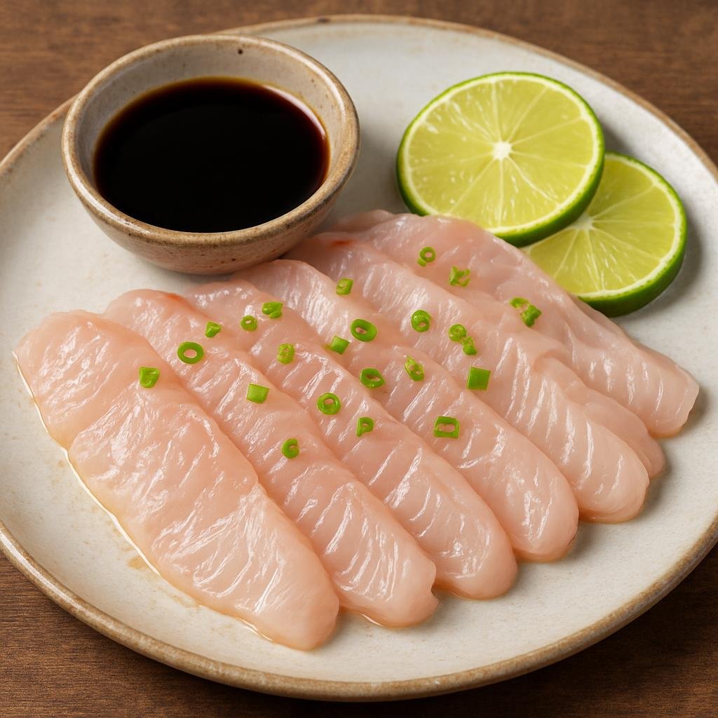 Entree: Brazil – Brazilian Japanese – Sashimi de Pirarucu (Thinly sliced raw Amazonian pirarucu served sashimi-style with soy and citrus) recipe