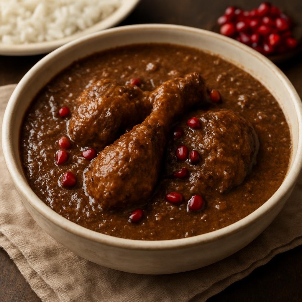 Entree: Iran – Caspian / Gilan – فسنجان ➤ Fesenjān (A rich Persian stew of chicken simmered in a thick sauce of ground walnuts and pomegranate molasses) recipe
