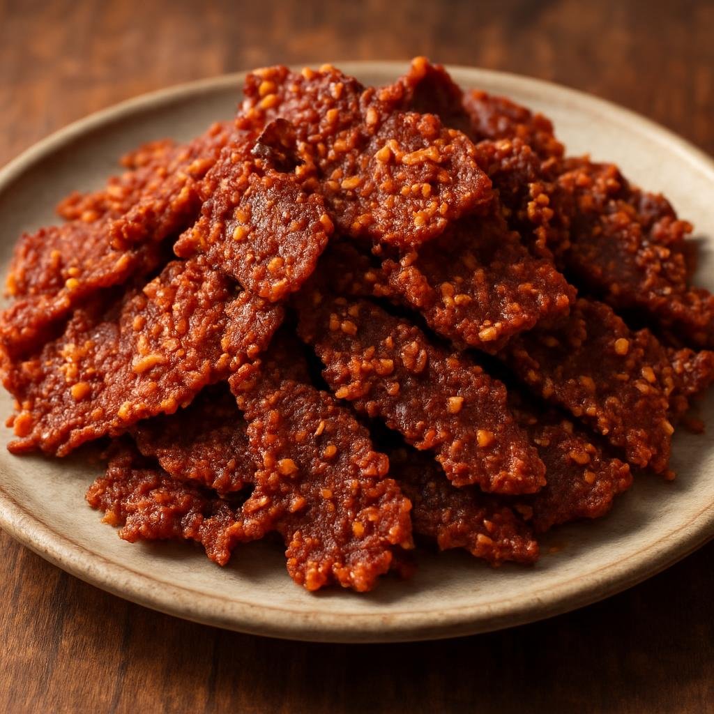 Entree: Nigeria – Hausa-Fulani North – Kilishi (Thin, spiced sun-dried beef jerky coated in a seasoned ground-peanut and chili paste) recipe