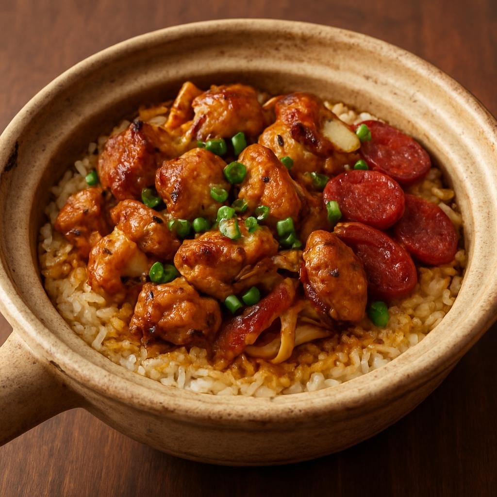 Entree: Malaysia – Malaysian Chinese – 煲仔雞飯 ➤ Bao zai ji fan (Rice cooked in a claypot with marinated chicken, Chinese sausage, aromatics, and a prized crisp bottom crust) recipe