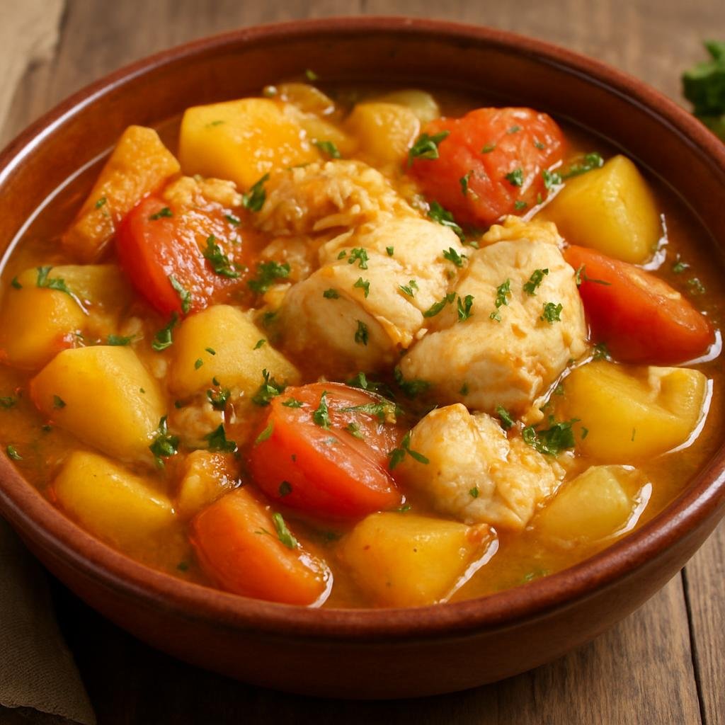 Entree: Portugal – Azores – Caldeirada de Peixe (Traditional Azorean mixed fish stew cooked with potatoes, vegetables, white wine and aromatic herbs) recipe