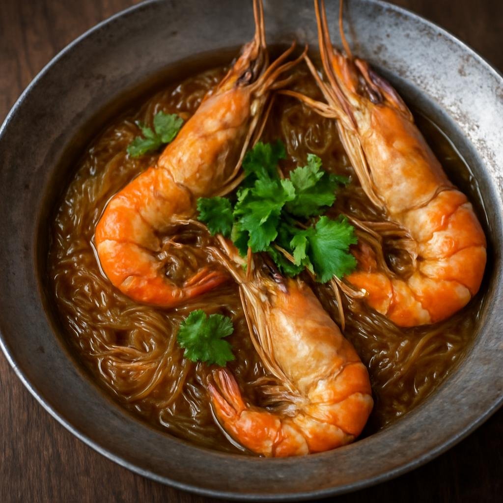Entree: Thailand – Coastal Thai Seafood – กุ้งอบวุ้นเส้น ➤ Goong Ob Woon Sen (Prawns baked over glass noodles in a savory, aromatic broth) recipe