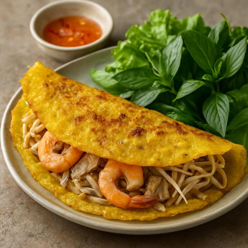 Entree: Vietnam – Hoi An / Da Nang – Banh Xeo (Vietnamese savory crispy rice-flour pancake filled with pork, shrimp, and bean sprouts) recipe