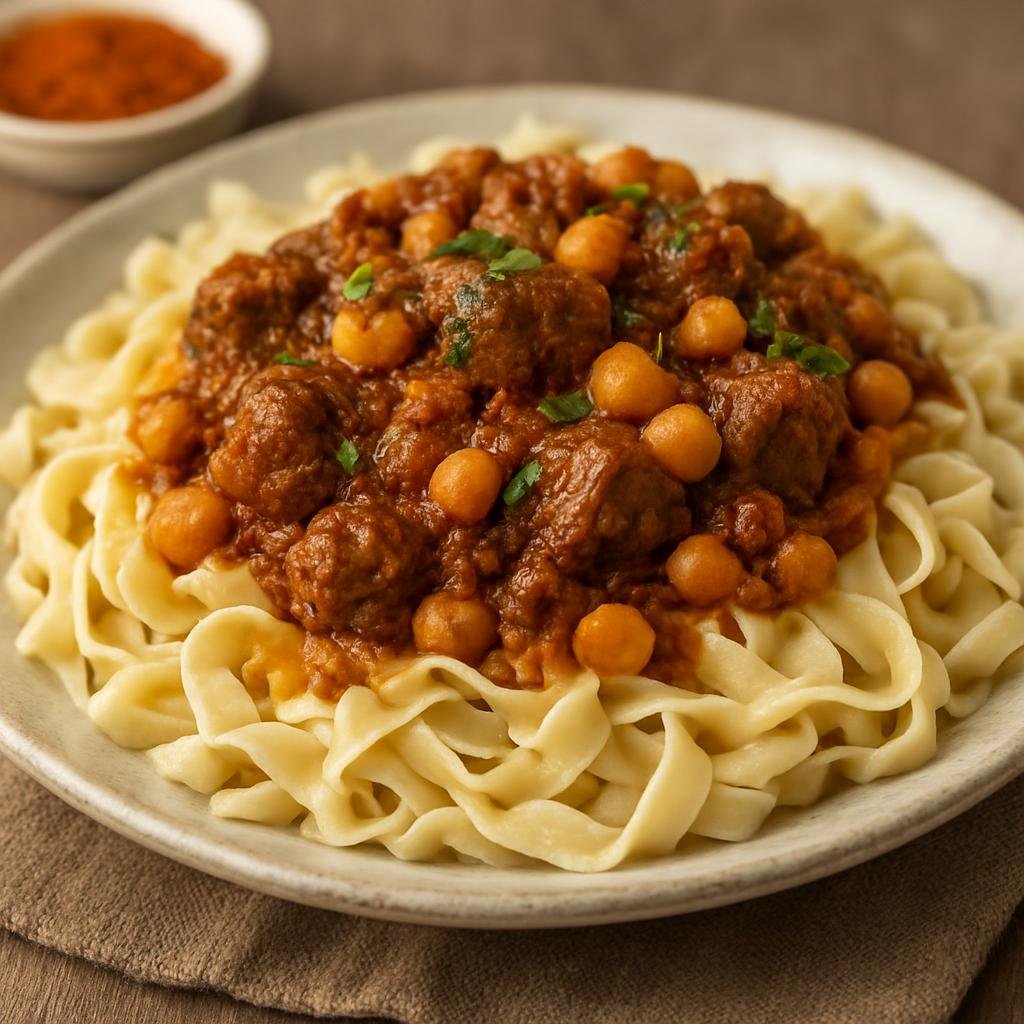 Entree: Algeria – Constantine & East – رشتة ➤ Rechta (Hand-cut semolina noodles served with a spiced meat and chickpea stew) recipe