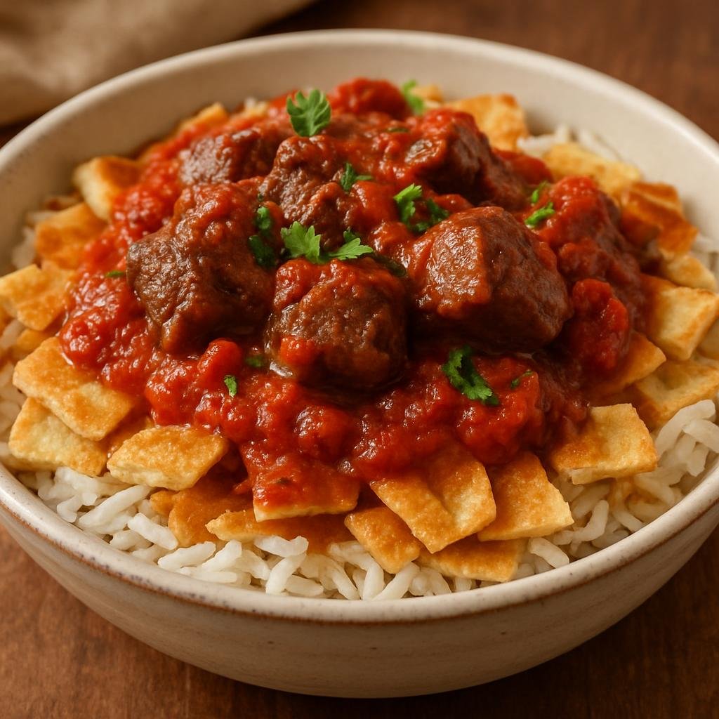 Entree: Egypt – Central Culinary Region – فتّة ➤ Fattah (Layered dish of rice and toasted flatbread topped with vinegared tomato gravy and braised beef) recipe