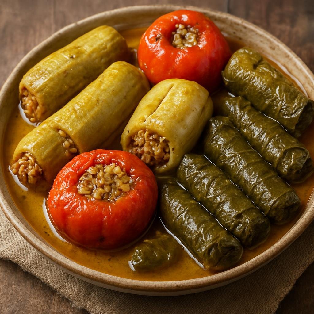 Entree: Iraq – Kurdish Iraq – دۆلما ➤ Dôlma (Assorted vegetables and grape leaves stuffed with spiced rice and lamb and simmered in a savory broth) recipe