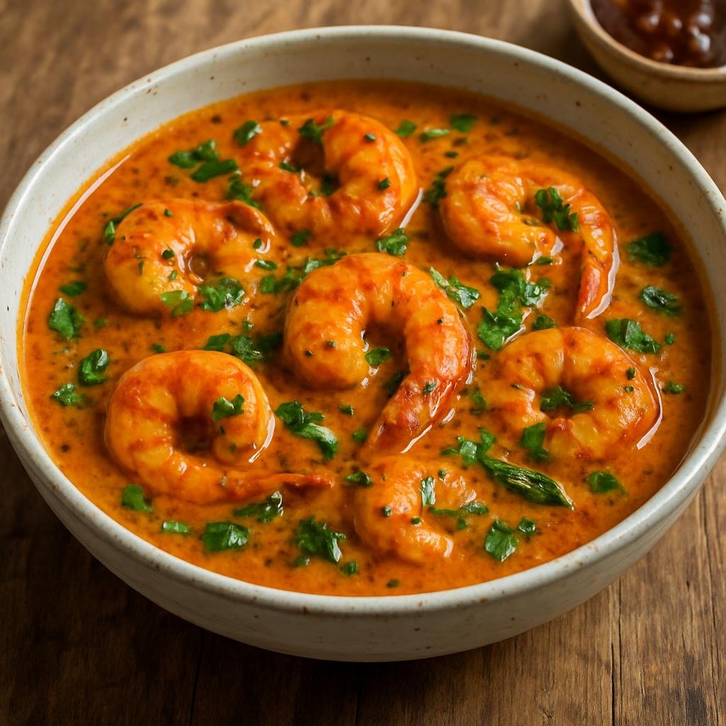 Entree: British Indian Ocean Territory – Northern Culinary Region – Spicy Prawn Curry (A coconut-milk-based, spice-forward prawn curry with tangy tamarind and fresh herbs) recipe