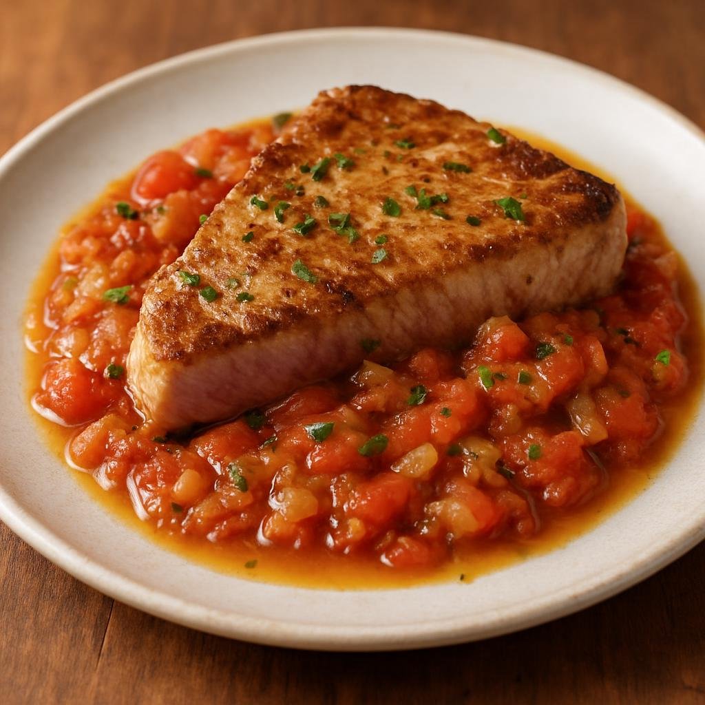 Entree: Cape Verde – Northern Culinary Region – Bife de Atum (Pan-seared tuna steak dressed with a garlicky tomato-onion sauce in Cape Verdean style) recipe