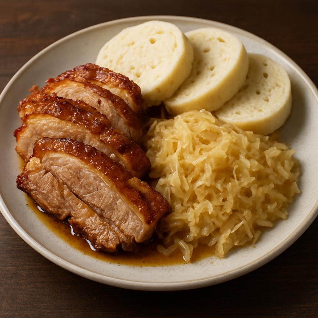 Entree: Czechia – Moravia – Moravský vrabec (Rustic Moravian roasted pork served with dumplings and sauerkraut) recipe