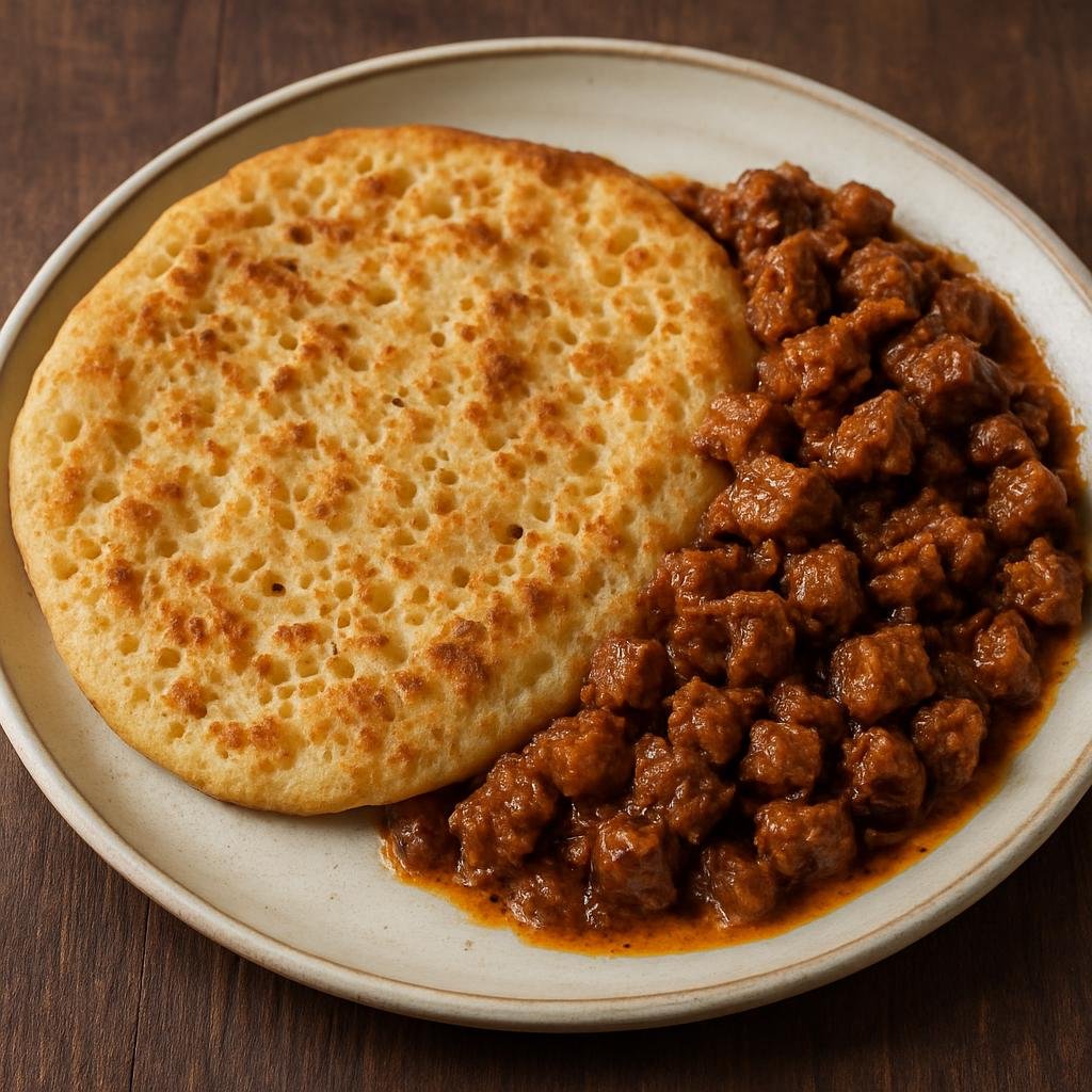 Entree: Djibouti – Northern Culinary Region – Lahoh with Suqaar (Spongy fermented flatbread served with spiced sautéed diced meat) recipe