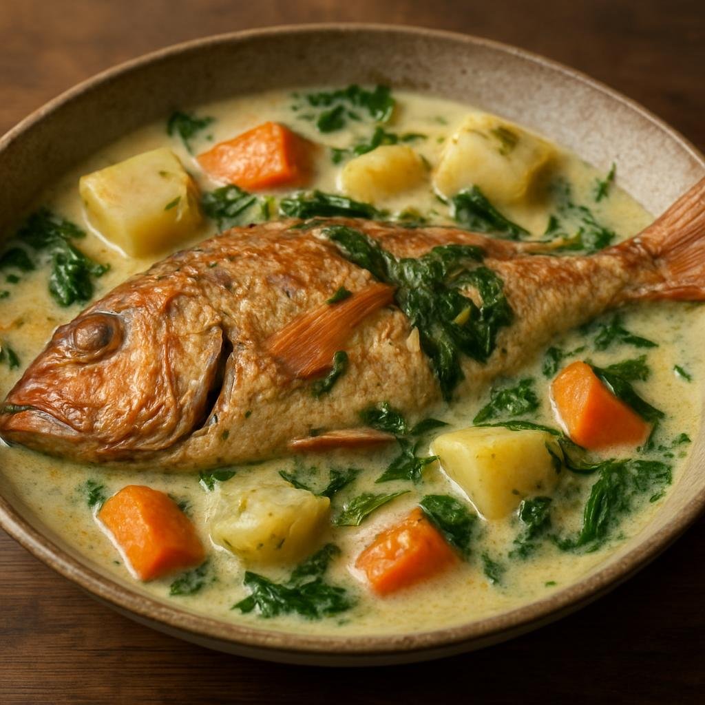 Entree: Kiribati – Southern Culinary Region – Te Ika (Whole island-style fish cooked with coconut milk, root vegetables, and island herbs) recipe