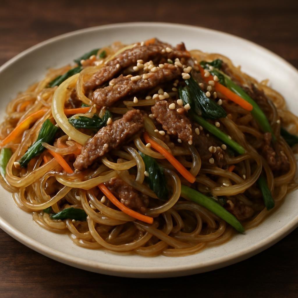 Entree: North Korea – Pyongyang – 잡채 ➤ Japchae (Korean stir-fried glass noodles with marinated beef and mixed vegetables seasoned with soy and sesame) recipe