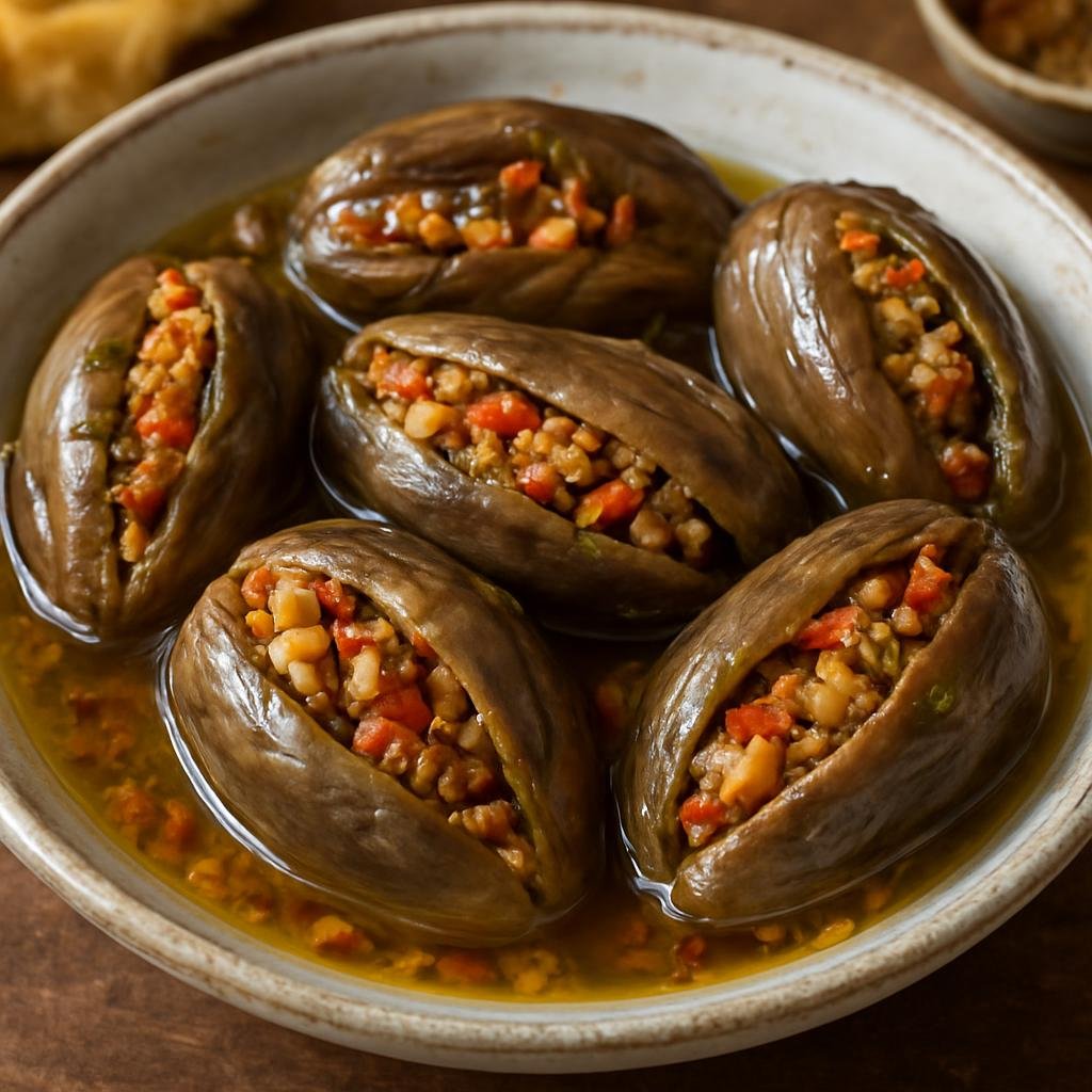 Entree: Palestine – Southern Culinary Region – مكدوس ➤ Makdous (Small stuffed and oil-preserved eggplants filled with walnuts, red pepper, and garlic) recipe