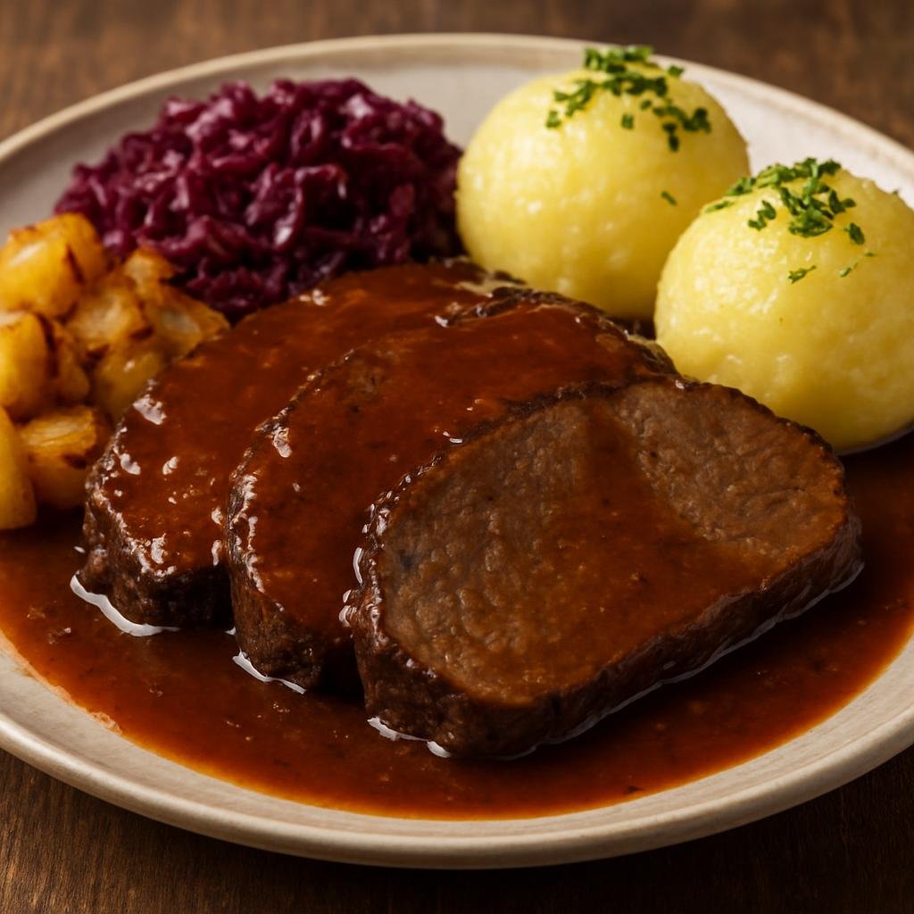 Entree: Germany – Berlin-Brandenburg – Sauerbraten (Marinated pot roast braised in a traditional sweet-sour spiced gravy) recipe
