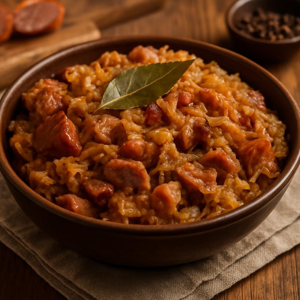 Entree: Poland – Lesser Poland / Krakow – Bigos (Hearty Polish hunter’s stew of sauerkraut, fresh cabbage, and mixed smoked and fresh meats) recipe