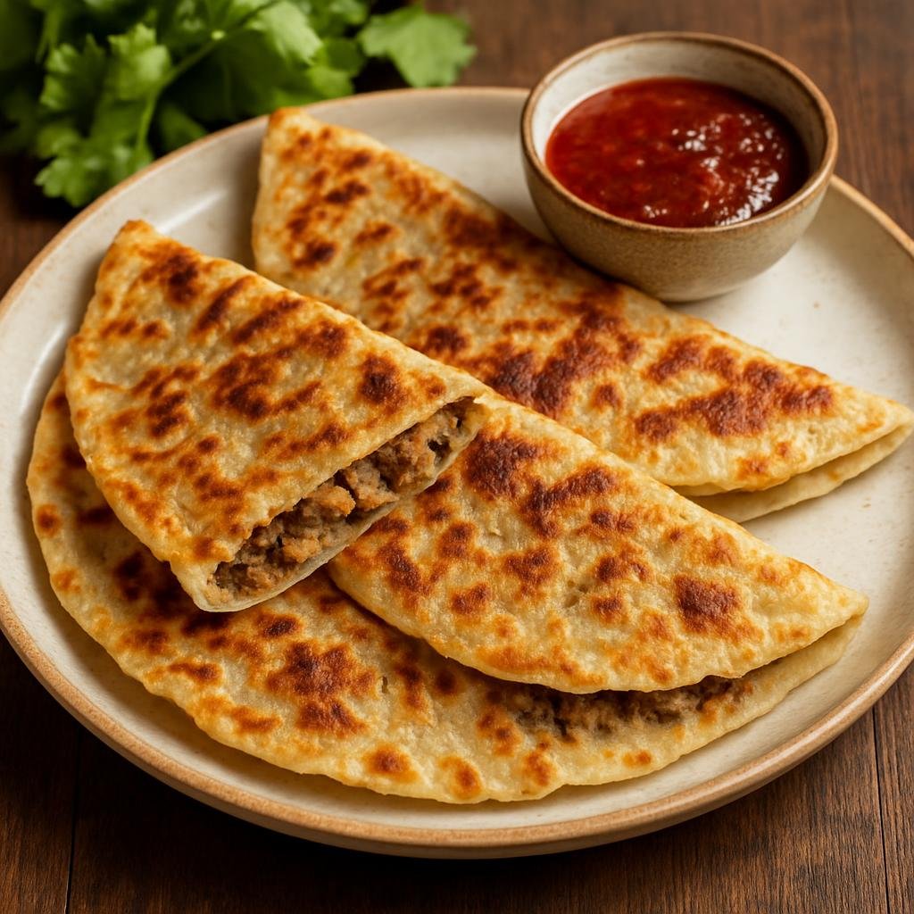 Entree: Azerbaijan – Caspian Azerbaijan – Qutab (Thin stuffed savory flatbreads filled with spiced minced lamb and herbs, pan-fried until golden) recipe