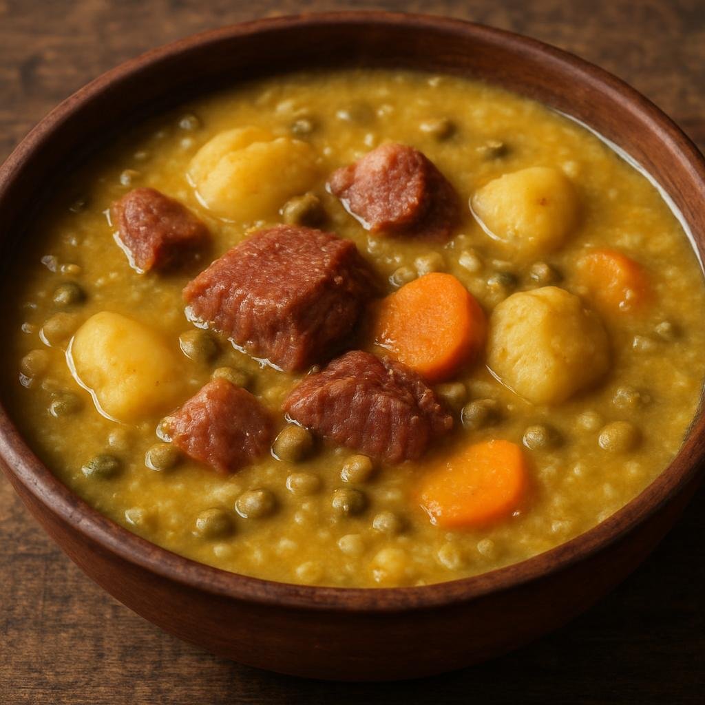 Entree: Barbados – Northern Culinary Region – Jug Jug (A hearty Barbadian stew of pigeon peas and salted beef cooked with cornmeal and root vegetables) recipe