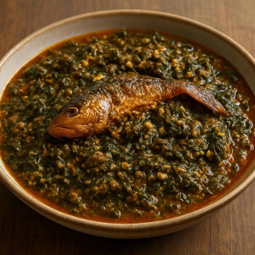 Entree: Democratic Republic of the Congo – Northern Culinary Region – Ngulu Yako Tumba (Hearty cassava-leaf and smoked fish stew with ground peanuts and palm oil) recipe