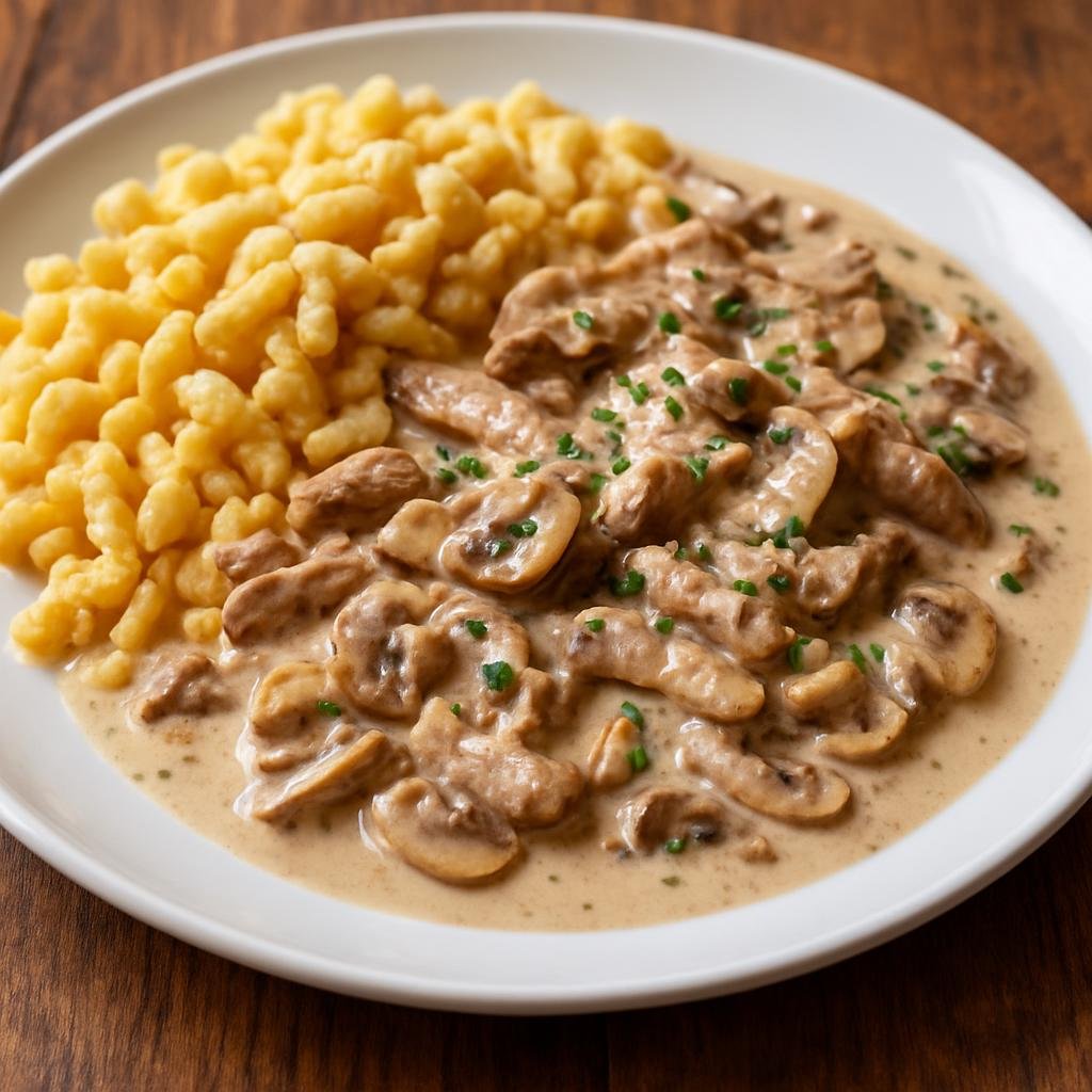 Entree: Switzerland – German Swiss – Kalbsgeschnetzeltes (Thinly sliced veal quickly sautéed and finished in a creamy white wine and mushroom sauce) recipe