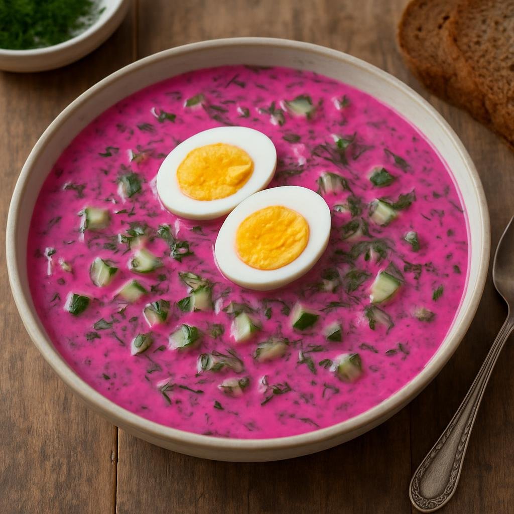 Entree: Lithuania – Southern Culinary Region – Šaltibarščiai (Cold Lithuanian beetroot soup made with fermented milk, cucumbers, dill, and hard-boiled eggs) recipe