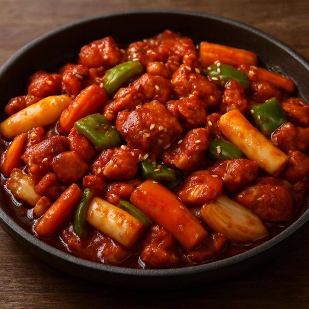 Entree: North Korea – Pyongyang – 닭갈비 ➤ dak-galbi (Spicy stir-fried marinated chicken with gochujang, vegetables, and rice cakes) recipe