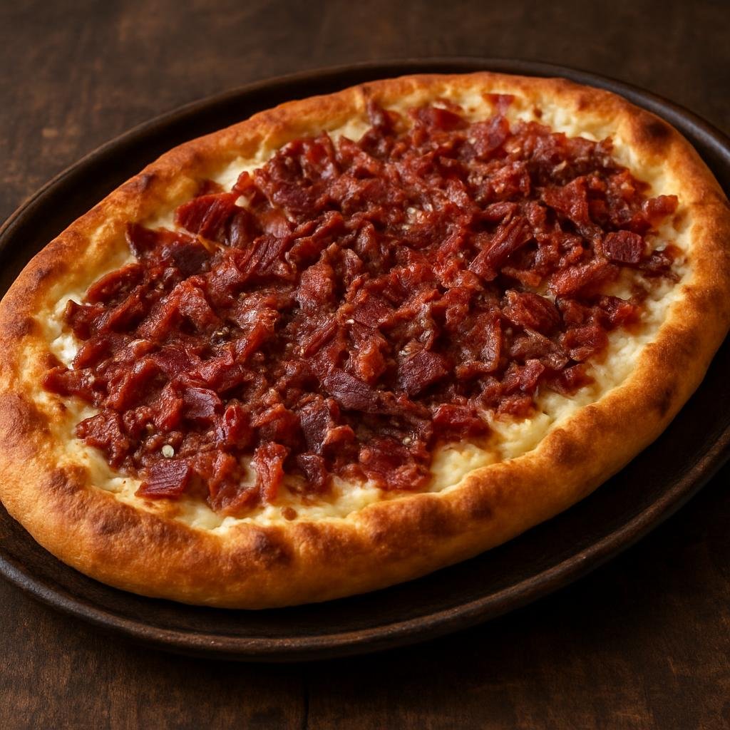 Entree: North Macedonia – Southern Culinary Region – Пастрмајлија ➤ Pastrmajlija (Macedonian oven-baked oval flatbread topped with seasoned cured meat) recipe