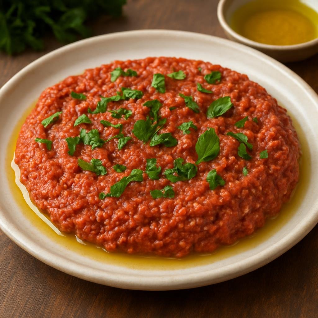 Entree: Palestine – Southern Culinary Region – كبة نيّة ➤ Kibbeh Nayyeh (Levantine raw minced lamb and fine bulgur tartare served with olive oil and herbs) recipe