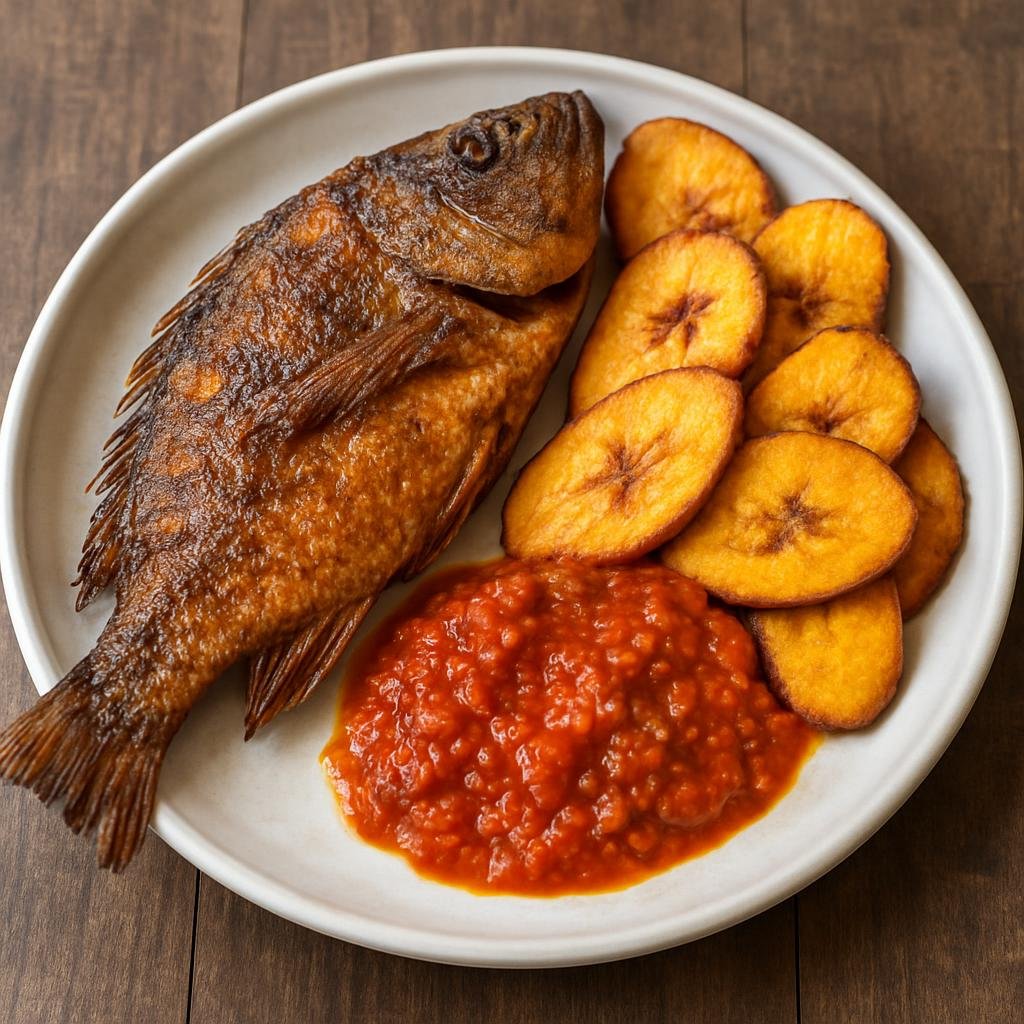 Entree: Sierra Leone – Southern Culinary Region – Fried Fish with Plantains (Seasoned whole fried fish served with slices of fried ripe plantain and a spicy tomato-pepper sauce) recipe