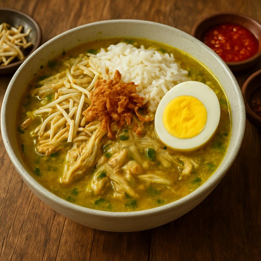 Entree: Suriname – Southern Culinary Region – Saoto Soup (Javanese-style spiced chicken soup from Suriname served with rice, bean sprouts, hard-boiled egg, fried shallots, and spicy condiments) recipe