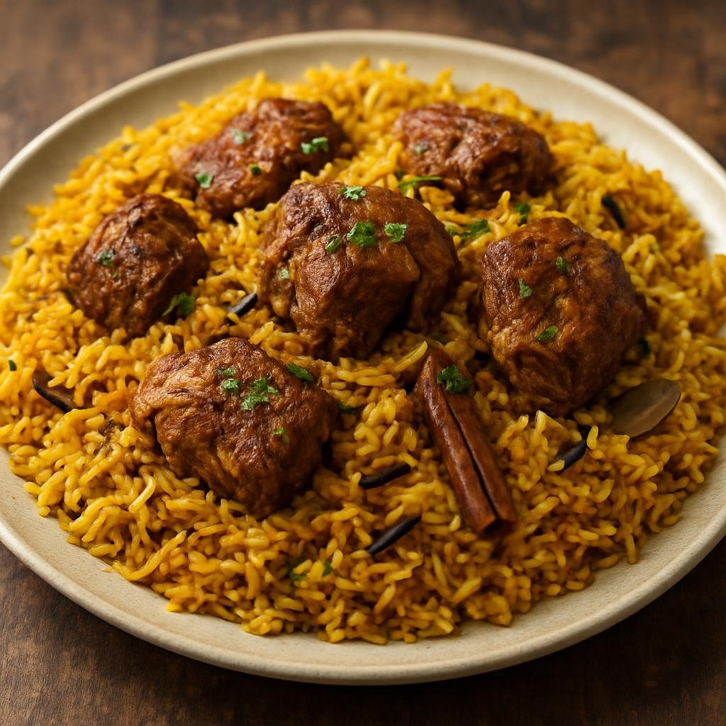 Entree: United Arab Emirates – Southern Culinary Region – مجبوس ➤ Majboos (Spiced saffron rice cooked with meat and Gulf aromatics) recipe