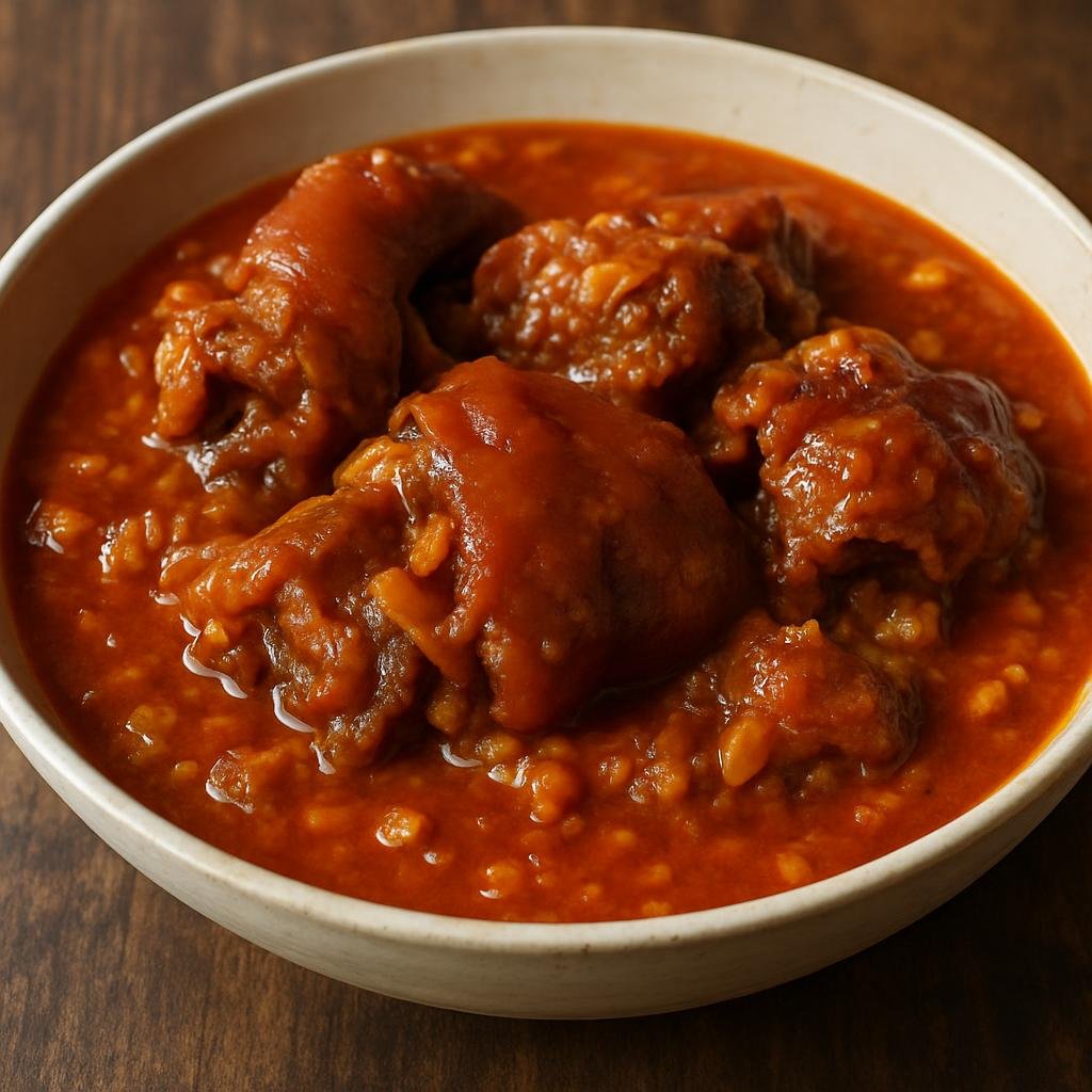 Entree: Zimbabwe – Southern Culinary Region – Mazondo (Slow-braised beef trotters in a rich tomato and peanut stew) recipe