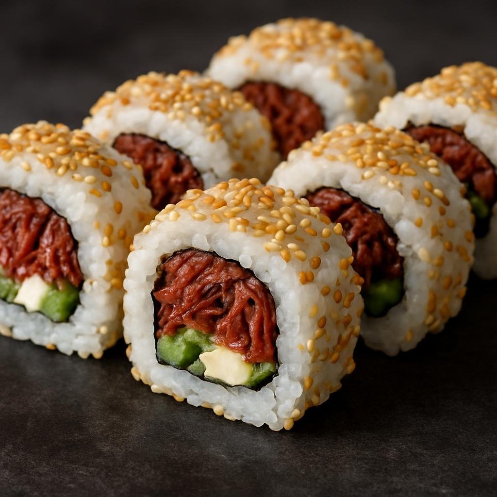 Entree: Brazil – Brazilian Japanese – Uramaki de Carne Seca (Inside-out sushi roll filled with rehydrated Brazilian dried beef and complementary fillings) recipe