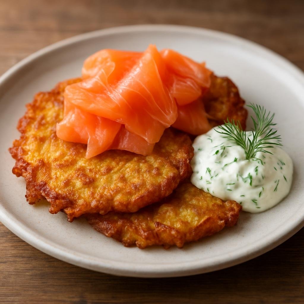 Entree: Germany – Berlin-Brandenburg – Kartoffelpuffer mit Lachs (Crispy pan-fried potato pancakes served with smoked salmon and dill sour cream) recipe