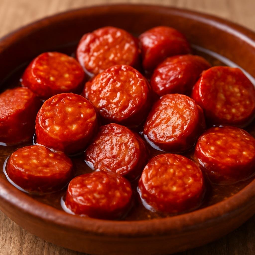 Entree: Spain – Asturias – Chorizo a la Sidra (Asturian spicy pork chorizo gently cooked and glazed in hard cider) recipe