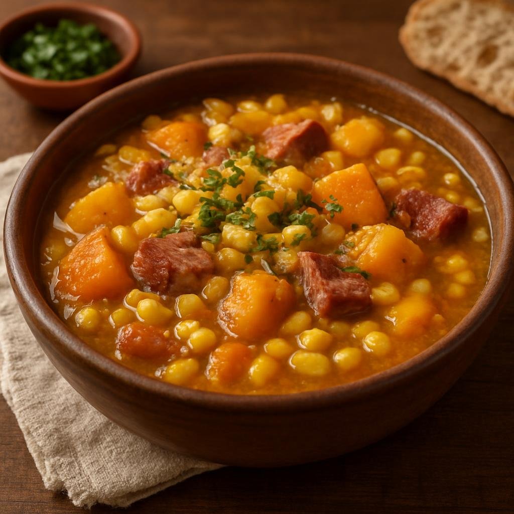 Entree: Argentina – Buenos Aires – Locro (Hearty Andean-style corn and meat stew flavored with pumpkin and smoked pork) recipe
