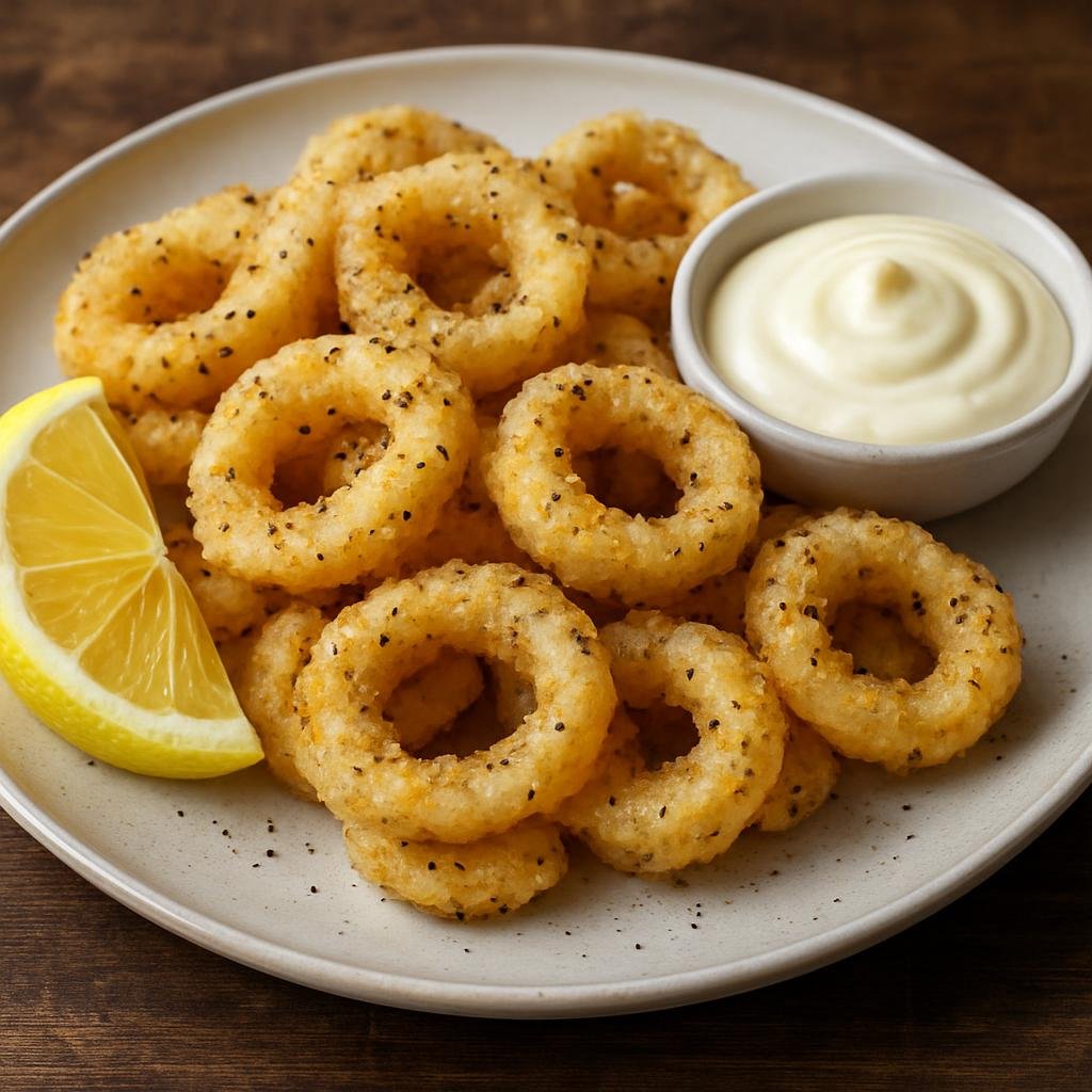 Entree: Australia – Melbourne & Victoria – Salt and Pepper Calamari (Lightly battered and quickly fried squid rings tossed with salt, white and black pepper, served with lemon and aioli) recipe