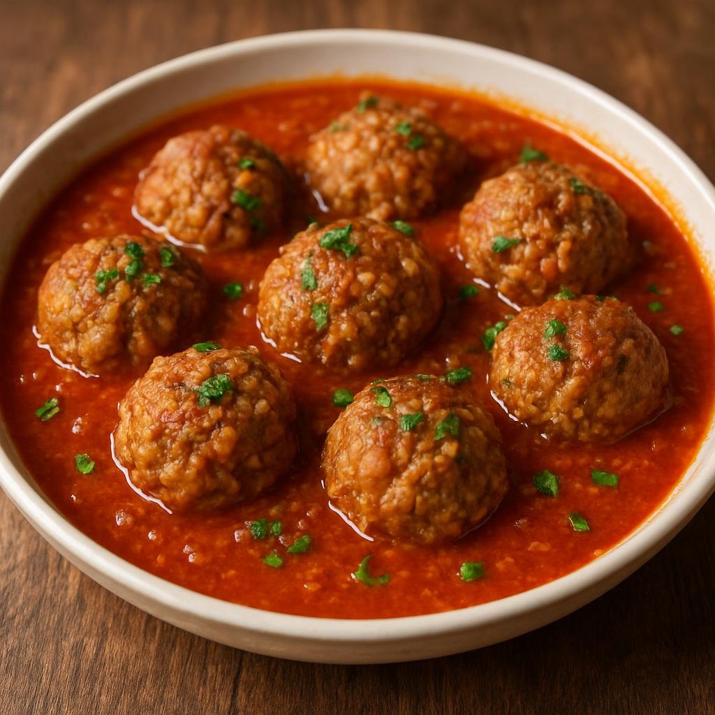 Entree: Armenia – Central Culinary Region – կուֆտա ➤ Kufta (Seasoned ground meat and bulgur dumplings often stuffed and simmered in a spiced tomato broth) recipe