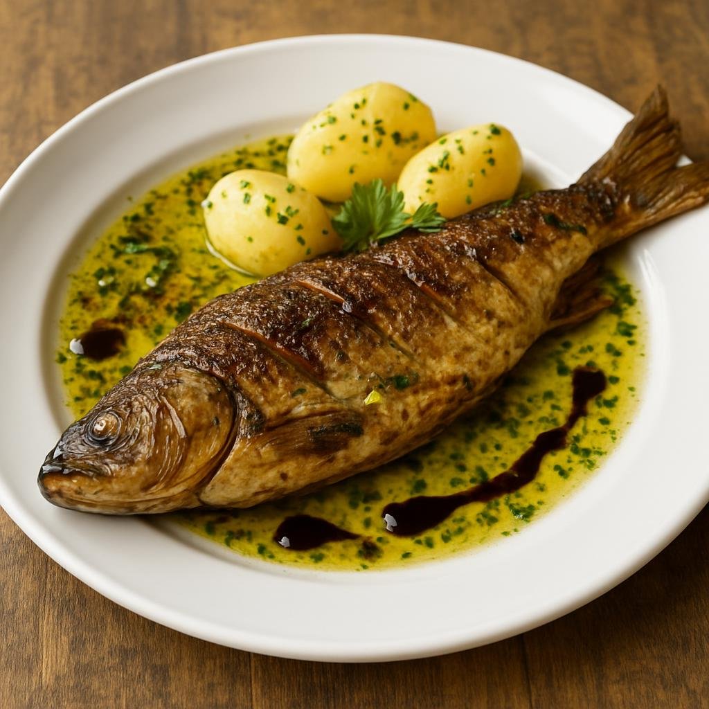 Entree: Austria – Styria – Steirischer Karpfen (Traditional Styrian freshwater carp pan-fried in herb butter and finished with pumpkin seed oil) recipe