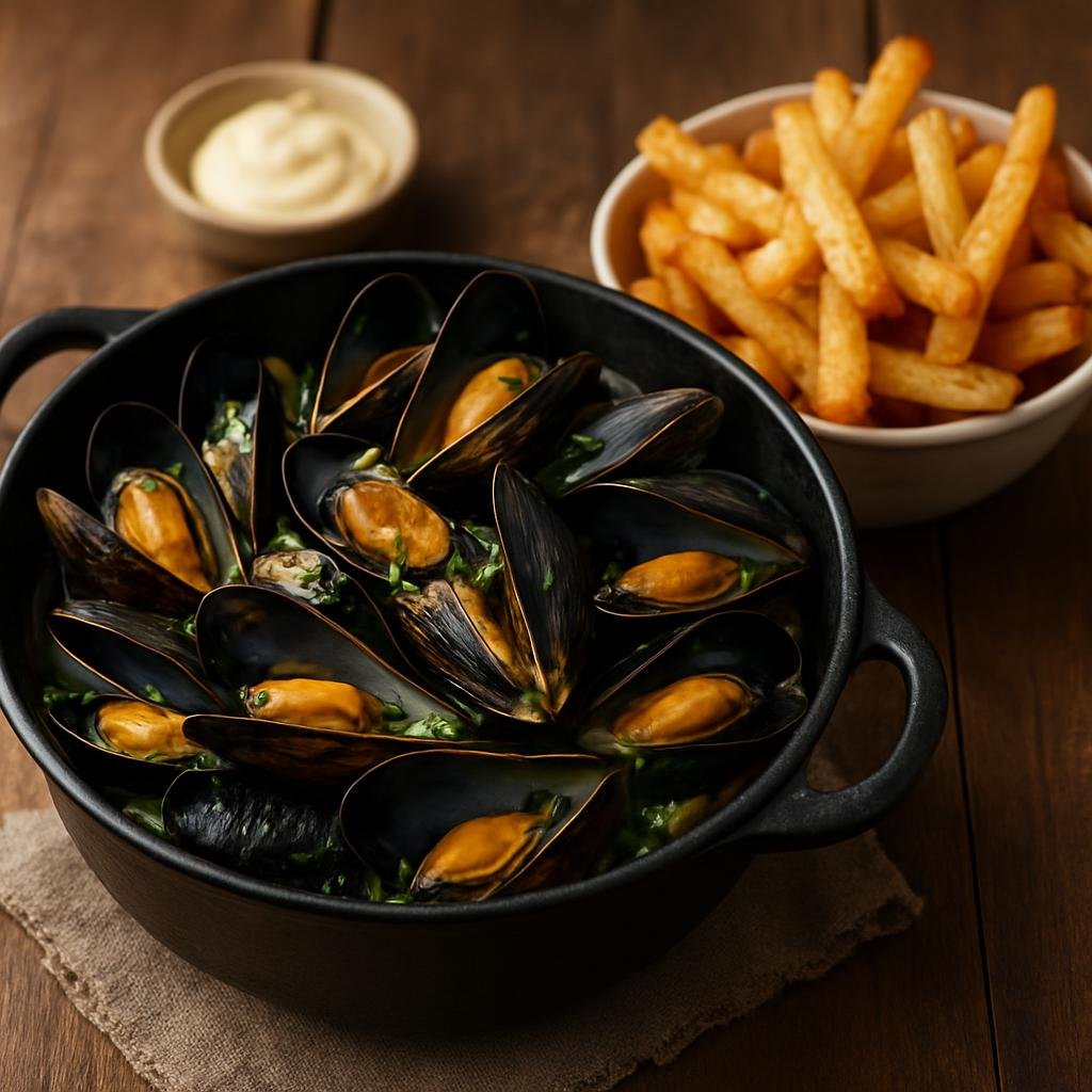 Entree: Belgium – Central Culinary Region – Moules-frites (Steam-cooked mussels in a savory aromatic broth served with crispy double-fried potatoes) recipe