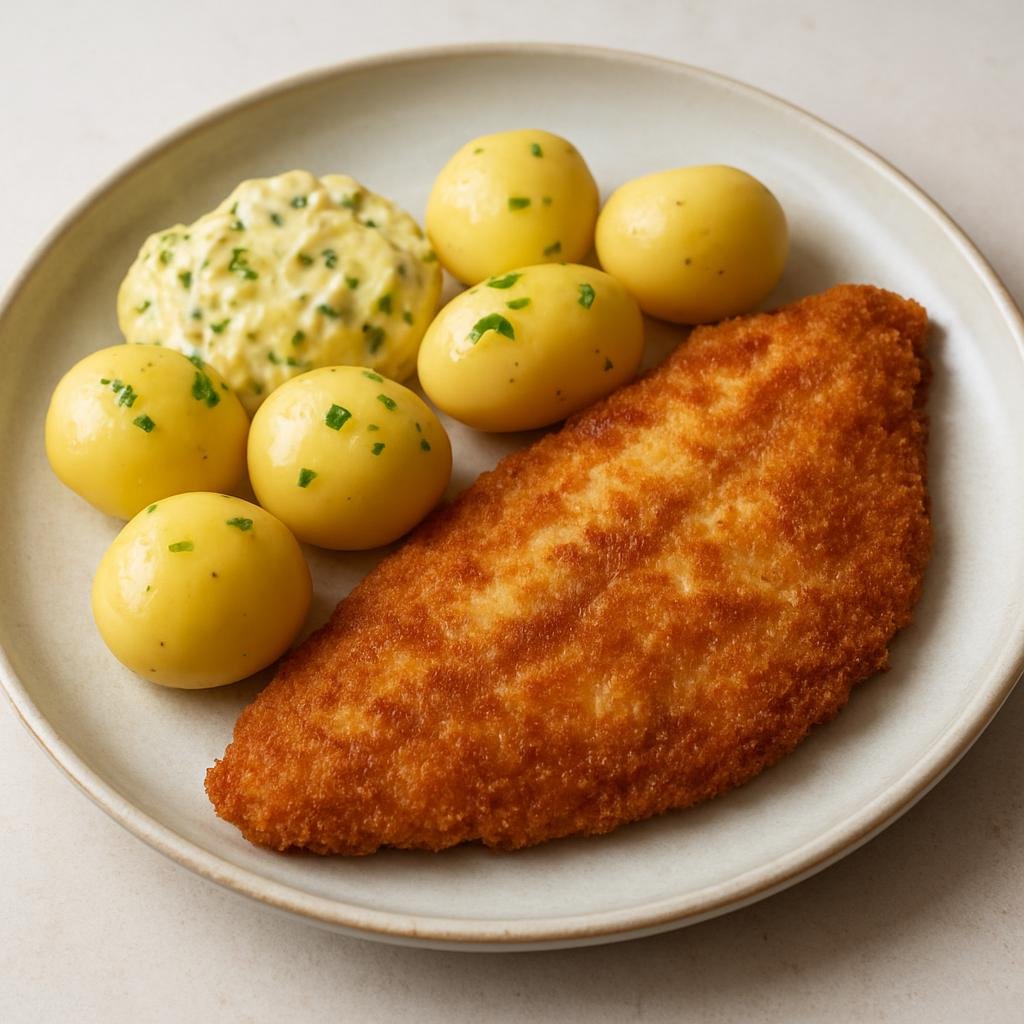 Entree: Denmark – Copenhagen & Zealand – Rødspættefilet (Breaded and pan-fried plaice fillets served with boiled potatoes and remoulade) recipe
