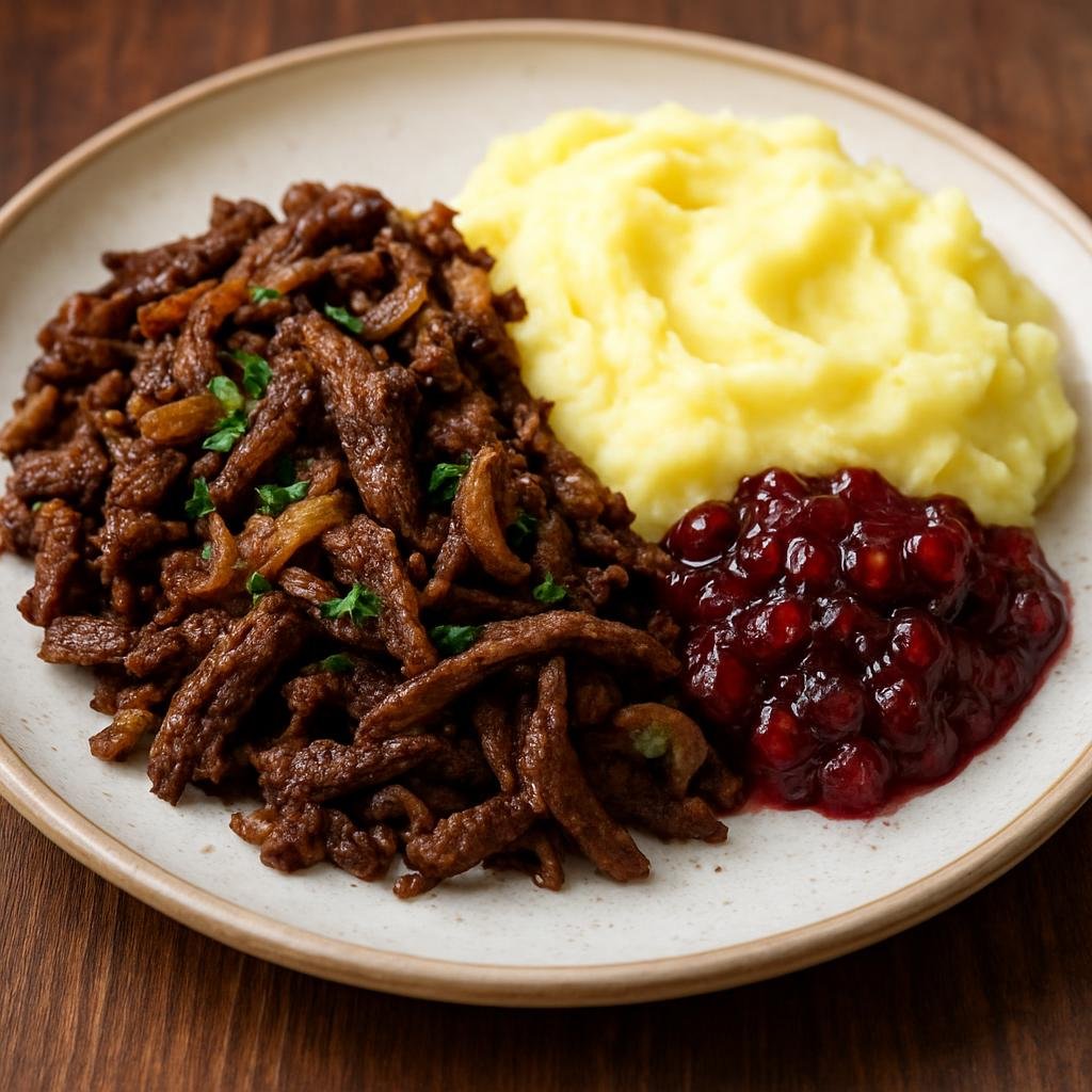 Entree: Finland – Karelia – Poronkäristys (Karelian sautéed reindeer stew served with mashed potatoes and lingonberry jam) recipe