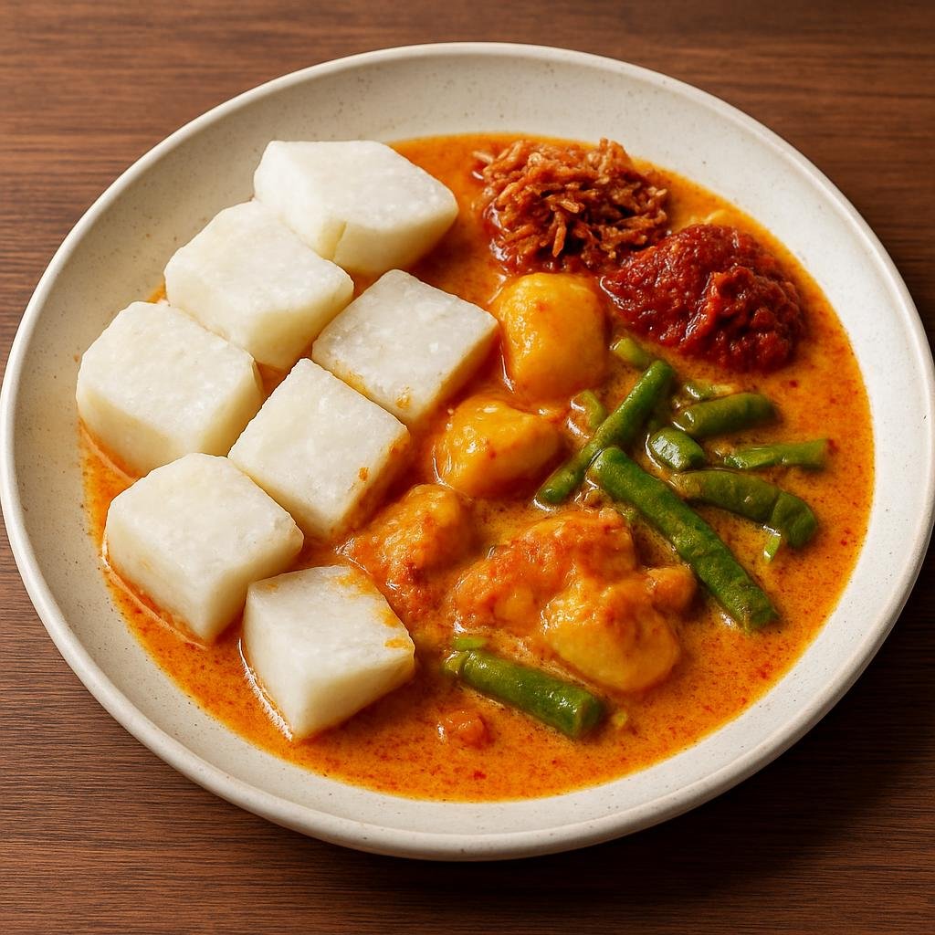 Entree: Singapore – Malay Singapore – Lontong (Compressed rice cake typically served sliced with coconut-vegetable curry and condiments) recipe