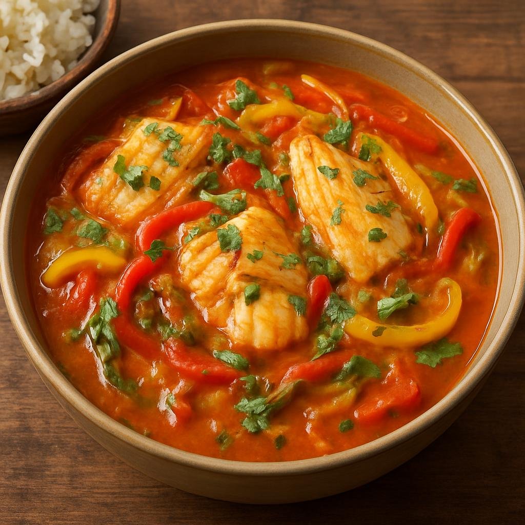 Entree: Cape Verde – Northern Culinary Region – Moqueca de Peixe (A Cape Verdean tomato-and-coconut fish stew simmered with peppers, onions, and cilantro) recipe