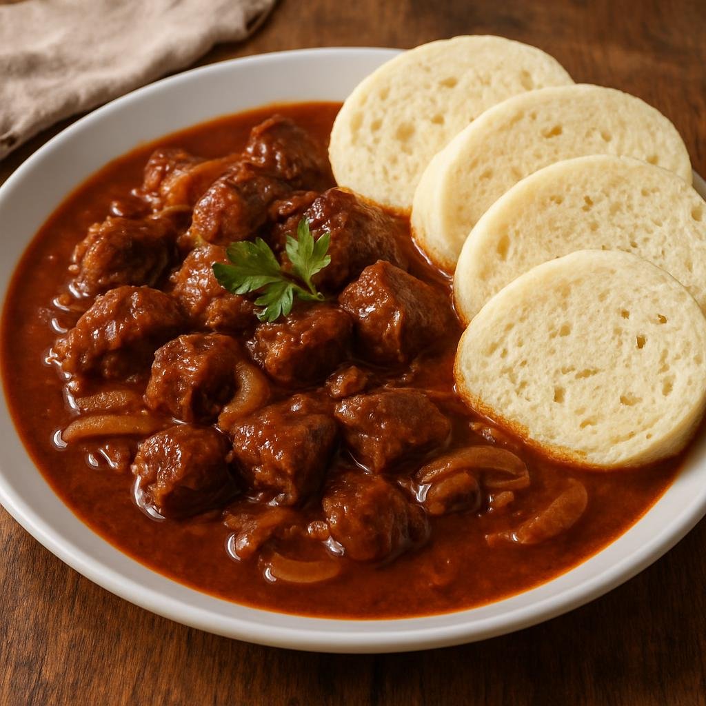 Entree: Czechia – Moravia – Hovězí guláš (Hearty Moravian beef stew braised with onions and sweet paprika) recipe