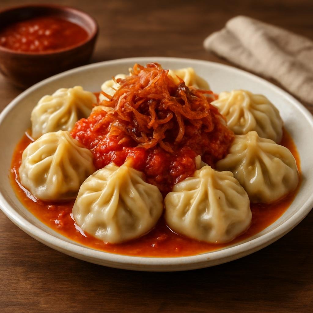 Entree: Tajikistan – Southern Culinary Region – Манту ➤ Mantu (Steamed Central Asian meat dumplings served with a spiced tomato sauce and fried onions) recipe