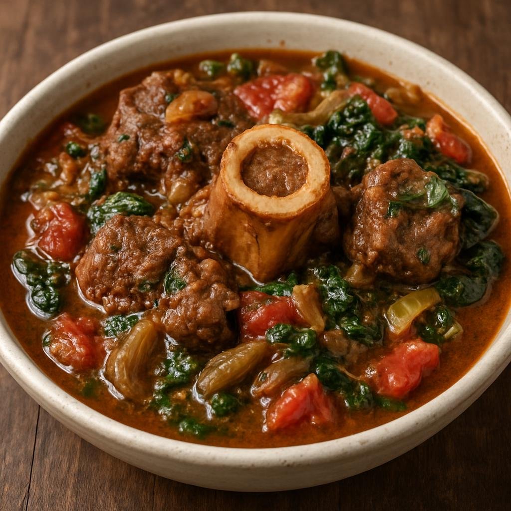 Entree: Zimbabwe – Southern Culinary Region – Mabhonzo Emombe (Hearty Zimbabwean beef bone and marrow stew simmered with onions, tomatoes, and greens) recipe