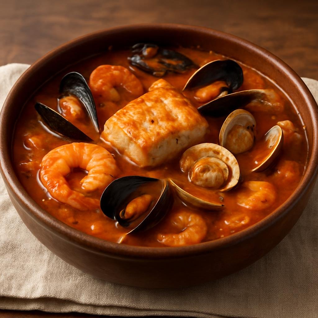 Entree: France – Basque Country – Ttoro (Basque seafood stew of mixed fish and shellfish in a tomato-garlic broth) recipe