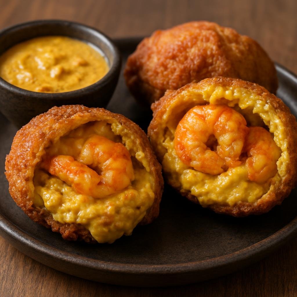 Entree: Brazil – Brazilian Japanese – Tempura de Acarajé (Tempura-style black-eyed pea fritters filled with spiced shrimp and creamy vatapá) recipe