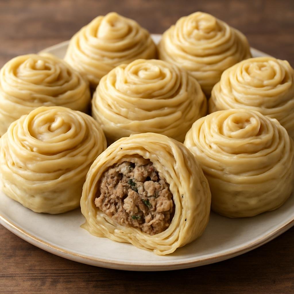 Entree: Russia – Buryat & Lake Baikal – Ханум ➤ Khanum (Steamed rolled dumpling made from layered dough filled with seasoned lamb and onions) recipe