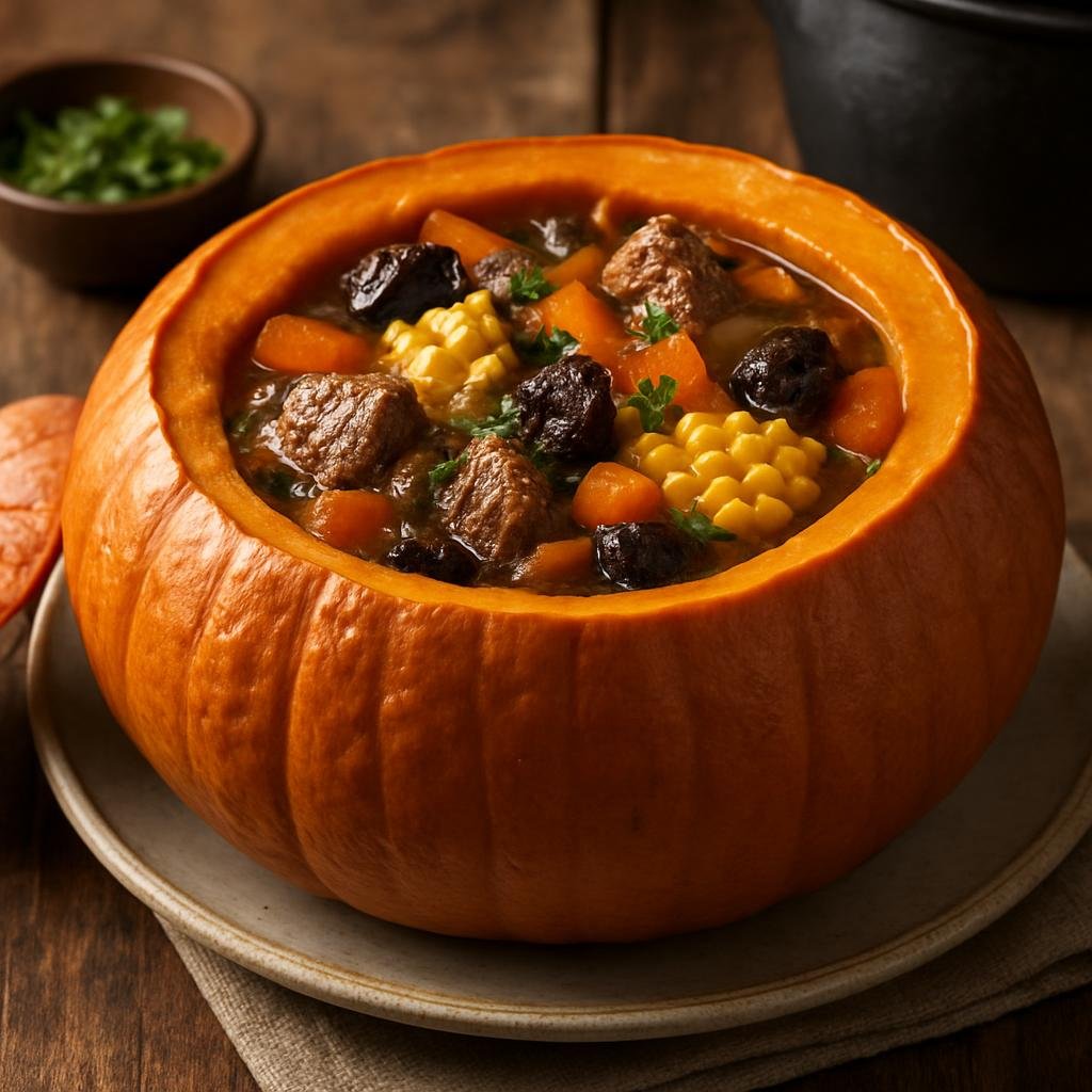 Entree: Argentina – Buenos Aires – Carbonada (Hearty Argentine beef and vegetable stew with corn and dried fruit often served in a hollowed pumpkin) recipe